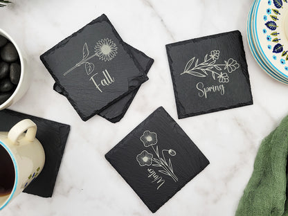 Four Seasons Flower Slate Coaster Set (4pc) – Engraved Barware (Round or Square)