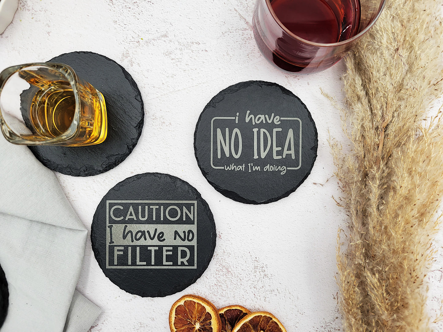 Funny Slate Coaster Set (4pc) – Engraved Barware with Attitude (Round or Square)