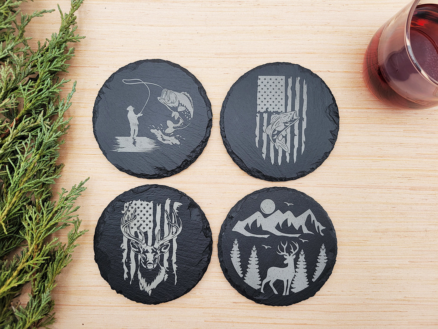 Hunting & Fishing Slate Coaster Set (4pc) – Engraved Outdoor Series (Round or Square)