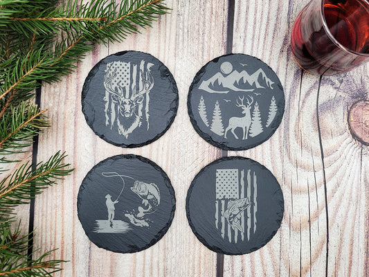 Hunting & Fishing Slate Coaster Set (4pc) – Engraved Outdoor Series (Round or Square)