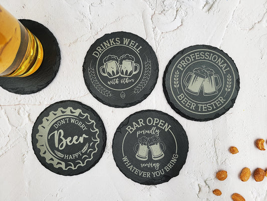 Beer Lover's Slate Coaster Set (4pc) – Engraved Barware (Round or Square)