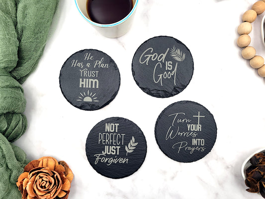 Faith-Inspired Slate Coaster Set (4pc) – Engraved Christian Decor (Round or Square)