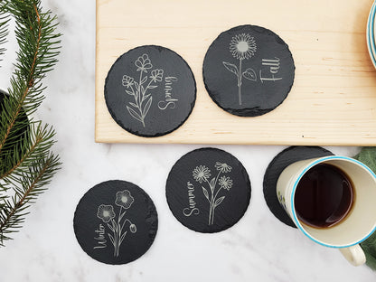 Four Seasons Flower Slate Coaster Set (4pc) – Engraved Barware (Round or Square)