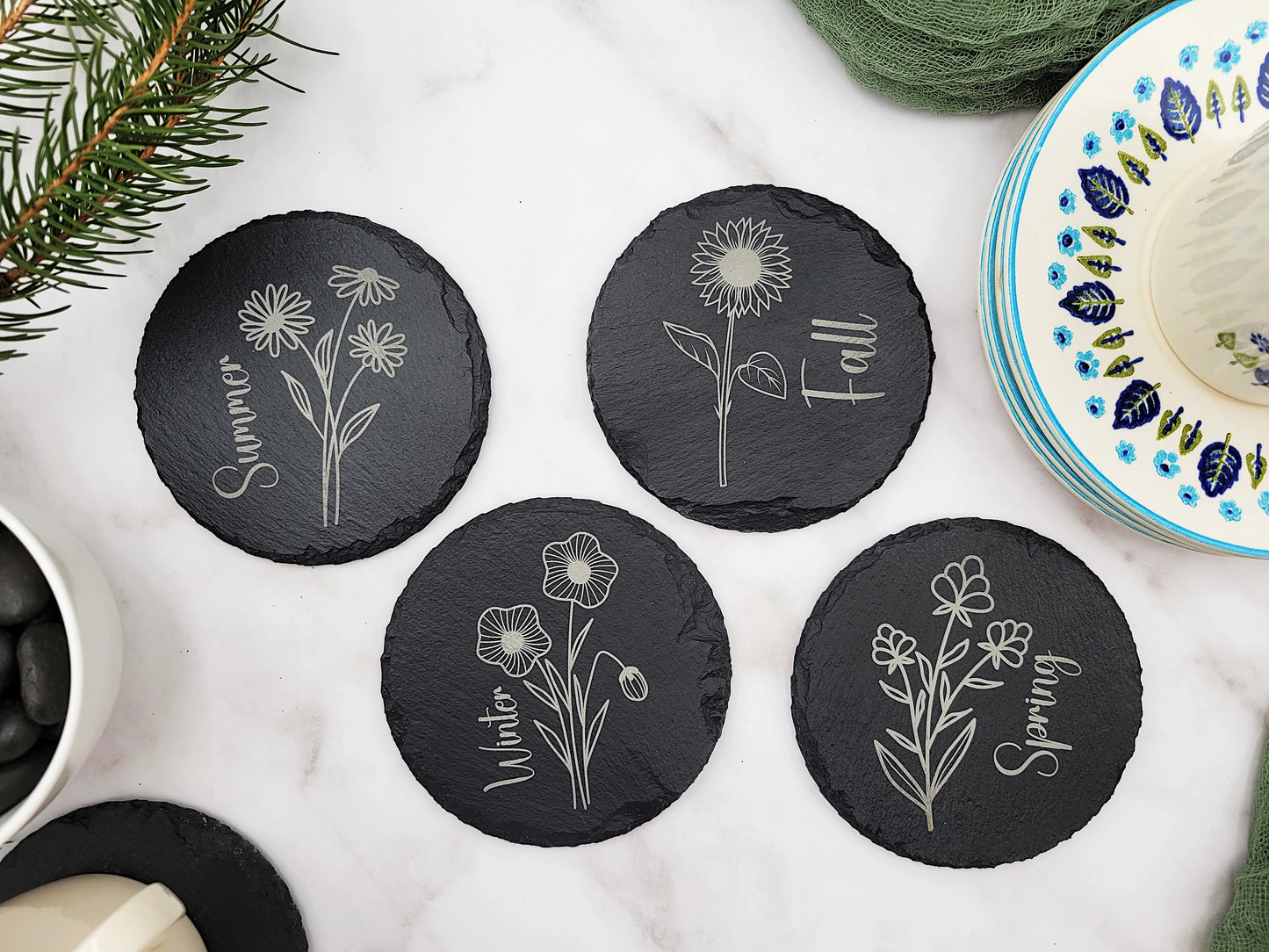 Four Seasons Flower Slate Coaster Set (4pc) – Engraved Barware (Round or Square)