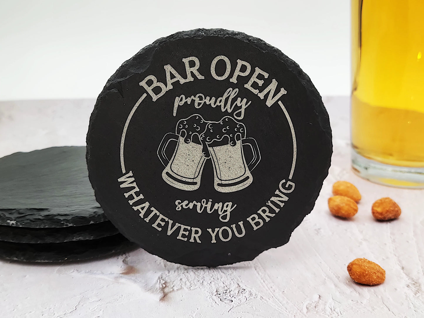 Beer Lover's Slate Coaster Set (4pc) – Engraved Barware (Round or Square)