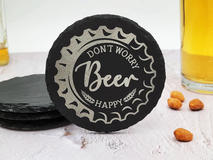 Beer Lover's Slate Coaster Set (4pc) – Engraved Barware (Round or Square)