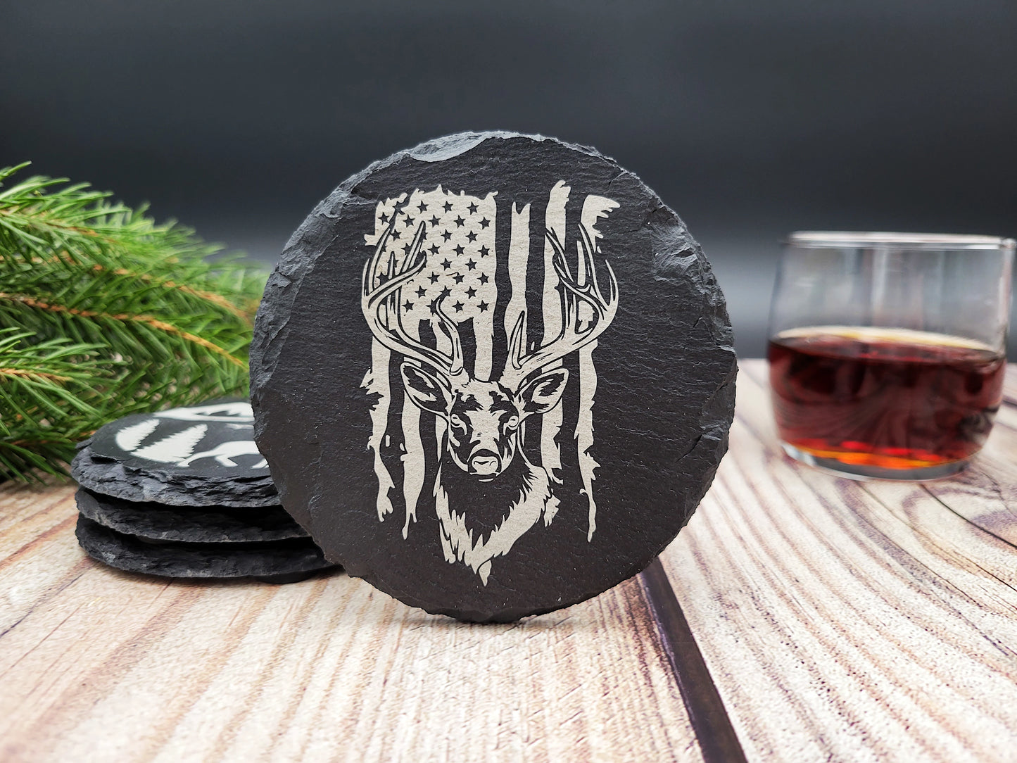 Hunting & Fishing Slate Coaster Set (4pc) – Engraved Outdoor Series (Round or Square)