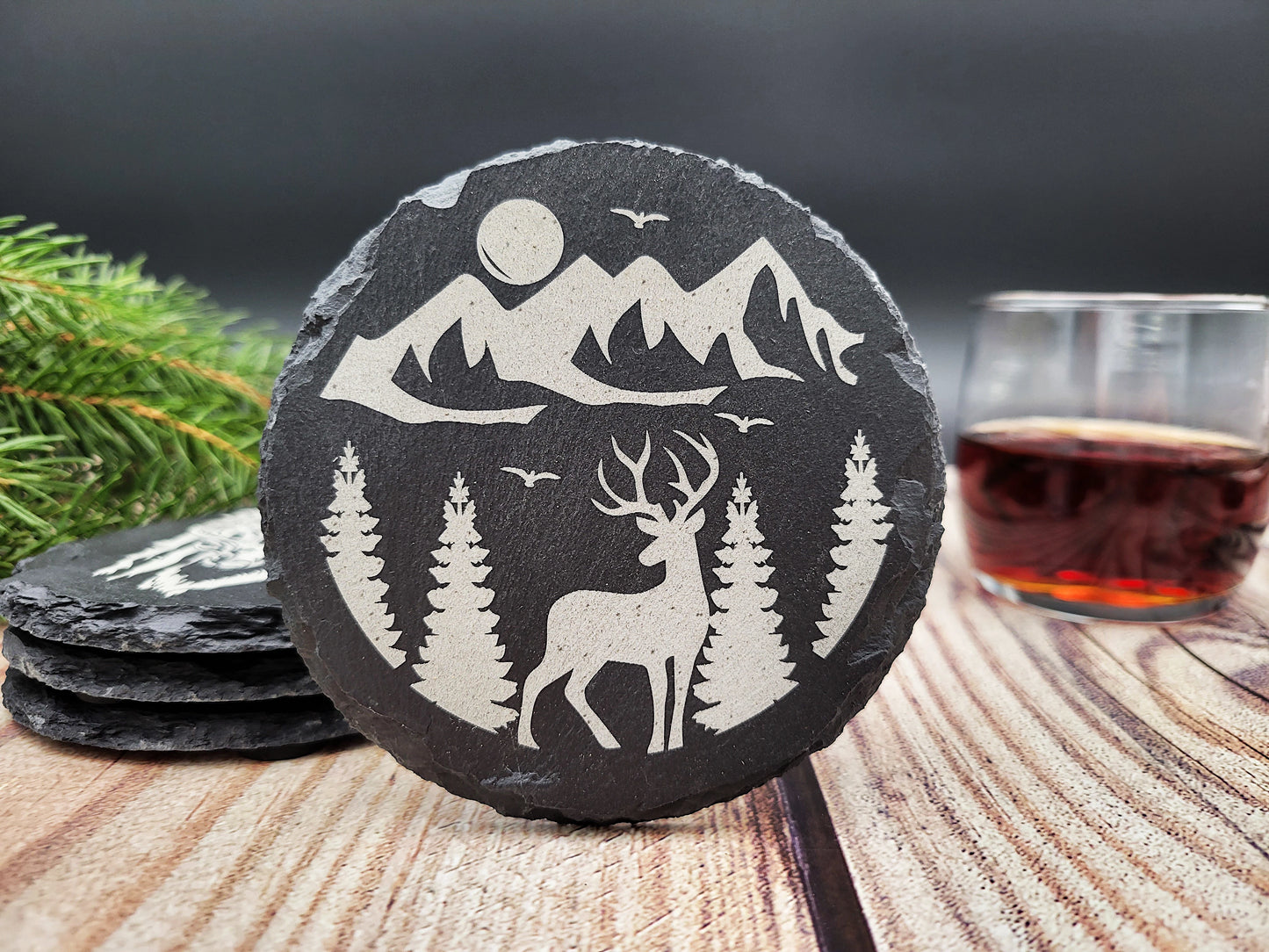 Hunting & Fishing Slate Coaster Set (4pc) – Engraved Outdoor Series (Round or Square)