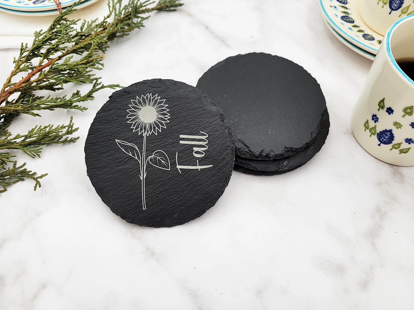 Four Seasons Flower Slate Coaster Set (4pc) – Engraved Barware (Round or Square)