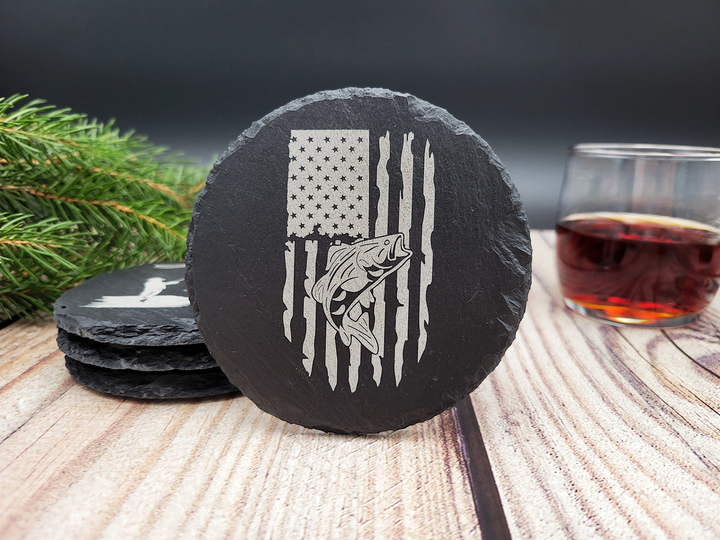 Hunting & Fishing Slate Coaster Set (4pc) – Engraved Outdoor Series (Round or Square)