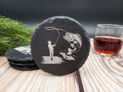 Hunting & Fishing Slate Coaster Set (4pc) – Engraved Outdoor Series (Round or Square)