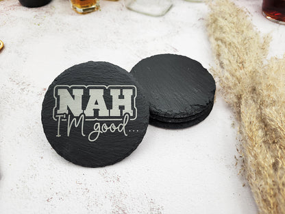 Funny Slate Coaster Set (4pc) – Engraved Barware with Attitude (Round or Square)