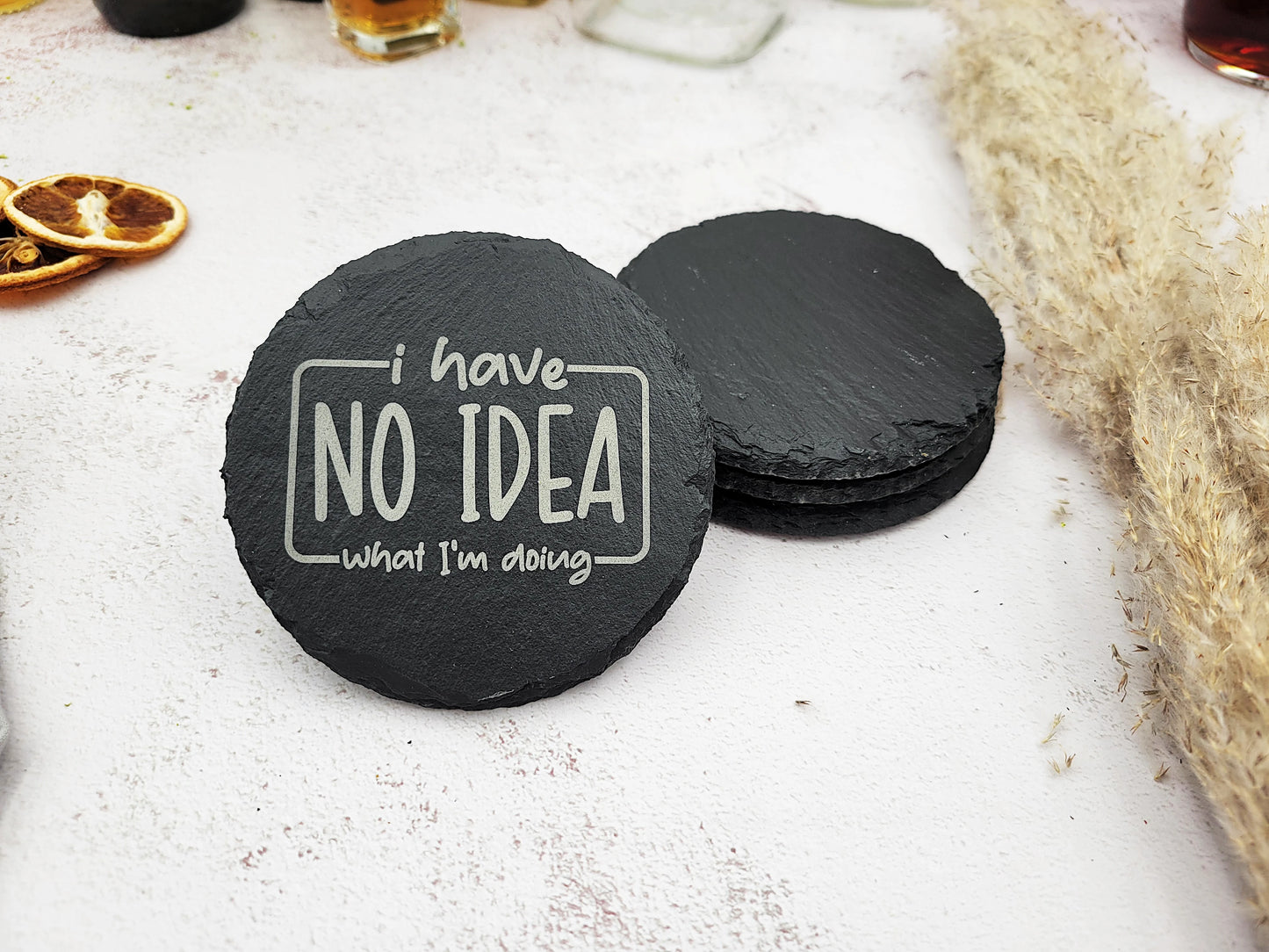 Funny Slate Coaster Set (4pc) – Engraved Barware with Attitude (Round or Square)