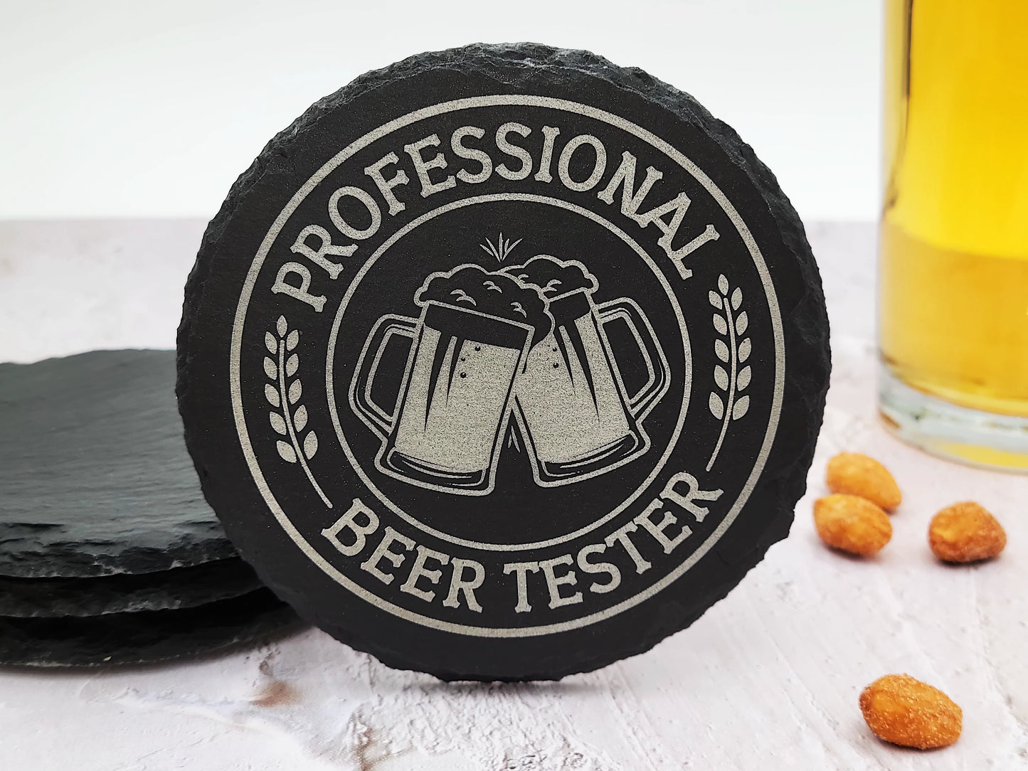 Beer Lover's Slate Coaster Set (4pc) – Engraved Barware (Round or Square)