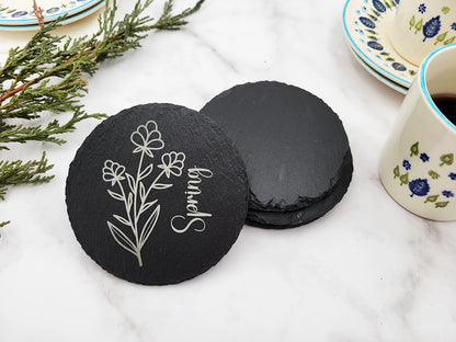 Four Seasons Flower Slate Coaster Set (4pc) – Engraved Barware (Round or Square)