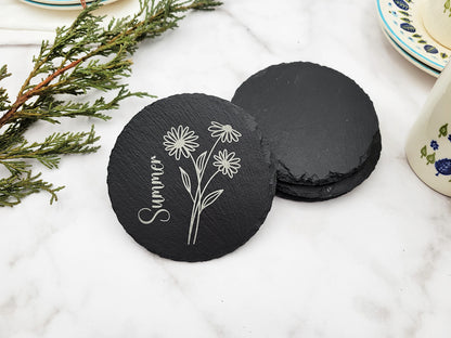 Four Seasons Flower Slate Coaster Set (4pc) – Engraved Barware (Round or Square)