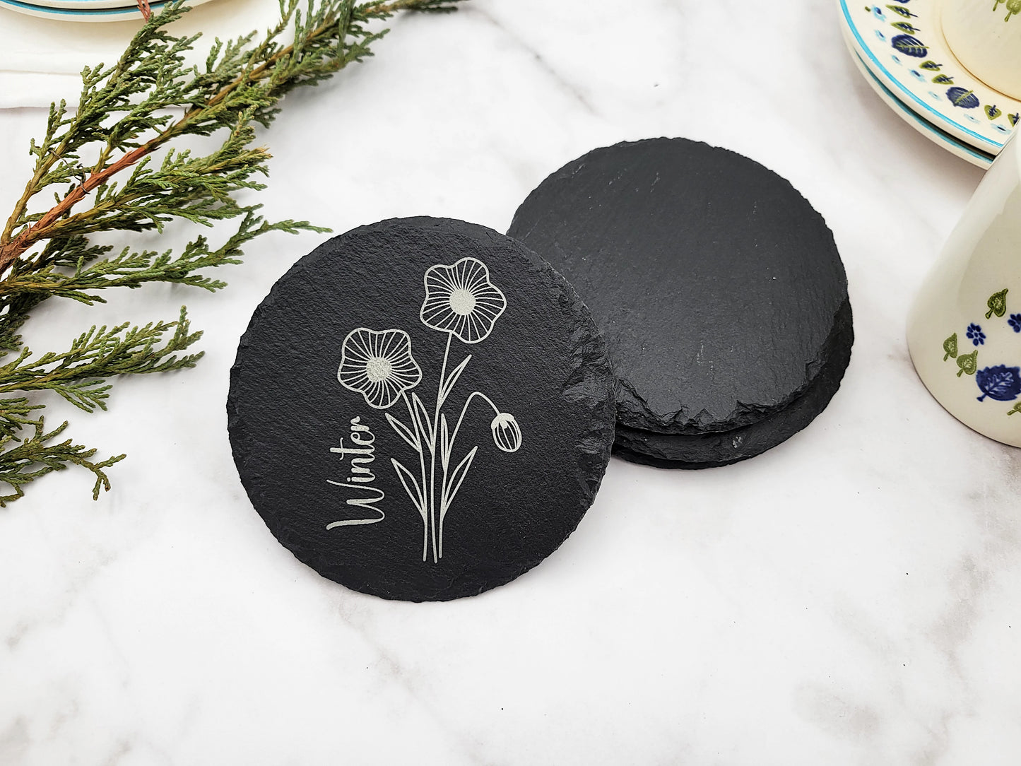 Four Seasons Flower Slate Coaster Set (4pc) – Engraved Barware (Round or Square)