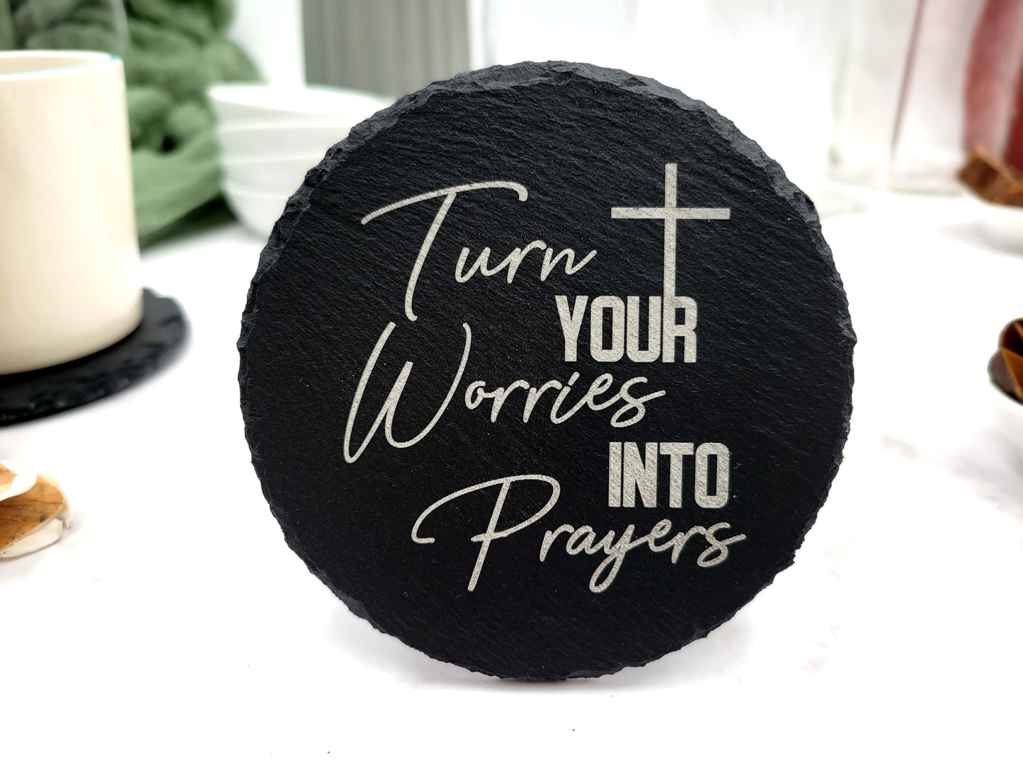 Faith-Inspired Slate Coaster Set (4pc) – Engraved Christian Decor (Round or Square)