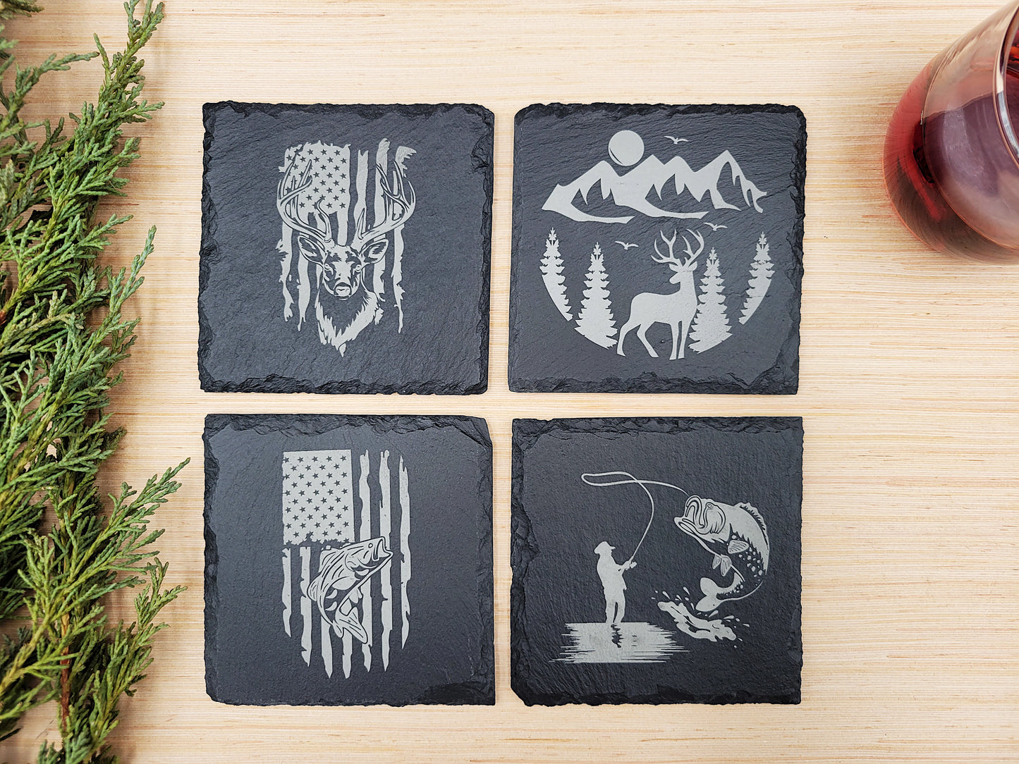 Hunting & Fishing Slate Coaster Set (4pc) – Engraved Outdoor Series (Round or Square)