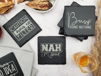 Funny Slate Coaster Set (4pc) – Engraved Barware with Attitude (Round or Square)