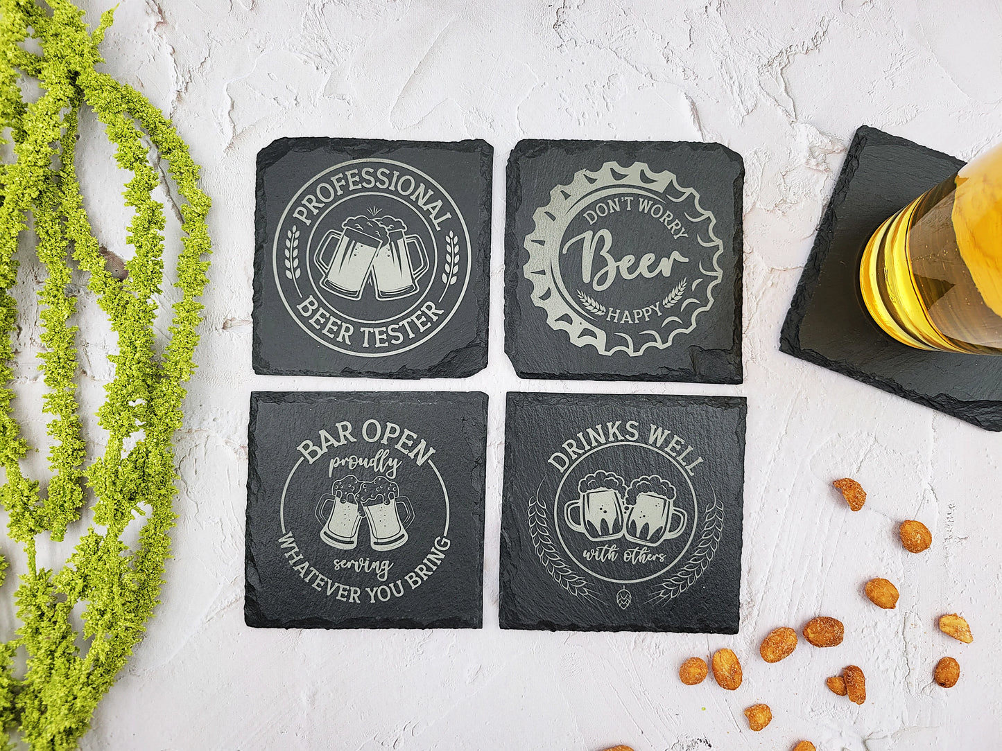 Beer Lover's Slate Coaster Set (4pc) – Engraved Barware (Round or Square)