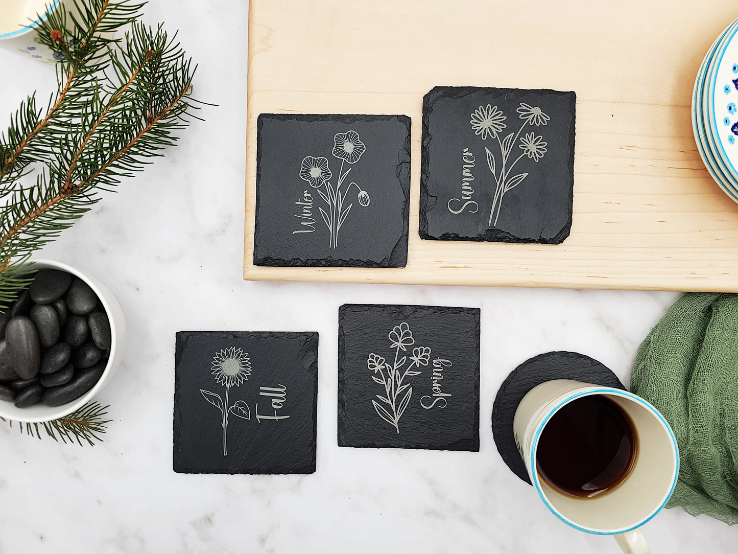 Four Seasons Flower Slate Coaster Set (4pc) – Engraved Barware (Round or Square)