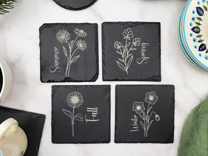 Four Seasons Flower Slate Coaster Set (4pc) – Engraved Barware (Round or Square)