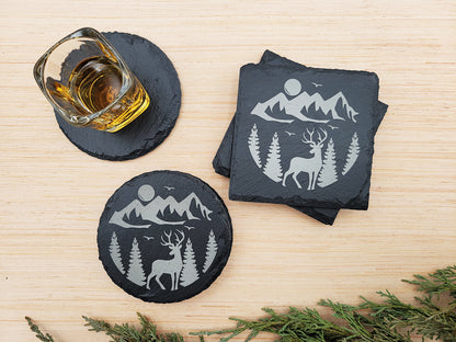 Hunting & Fishing Slate Coaster Set (4pc) – Engraved Outdoor Series (Round or Square)