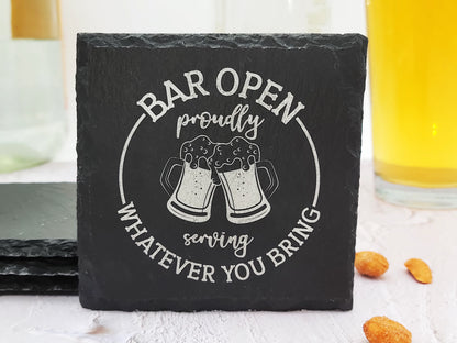 Beer Lover's Slate Coaster Set (4pc) – Engraved Barware (Round or Square)