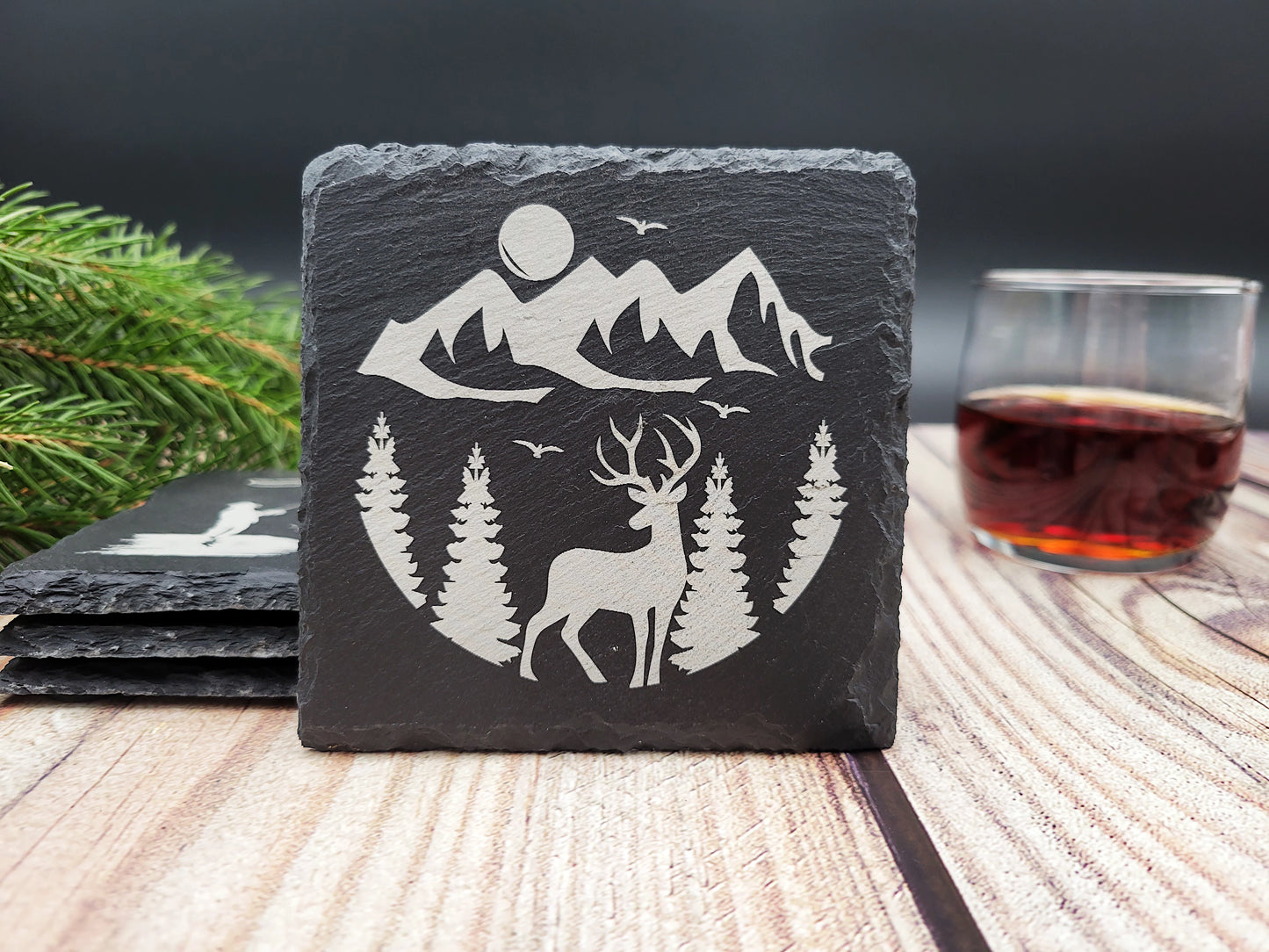 Hunting & Fishing Slate Coaster Set (4pc) – Engraved Outdoor Series (Round or Square)