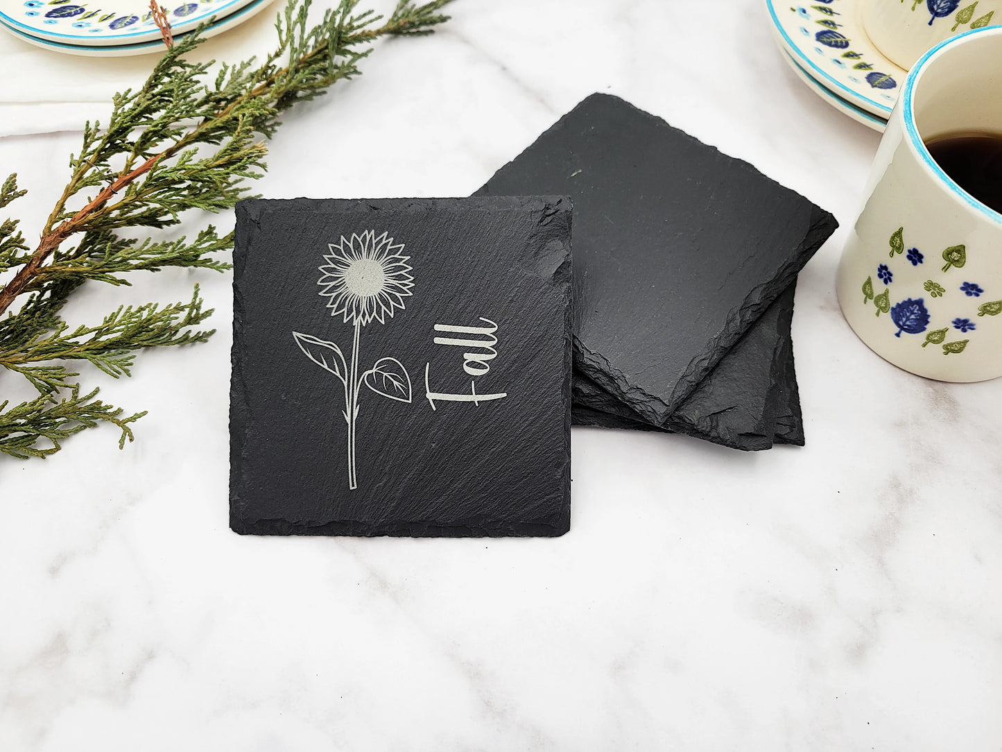 Four Seasons Flower Slate Coaster Set (4pc) – Engraved Barware (Round or Square)