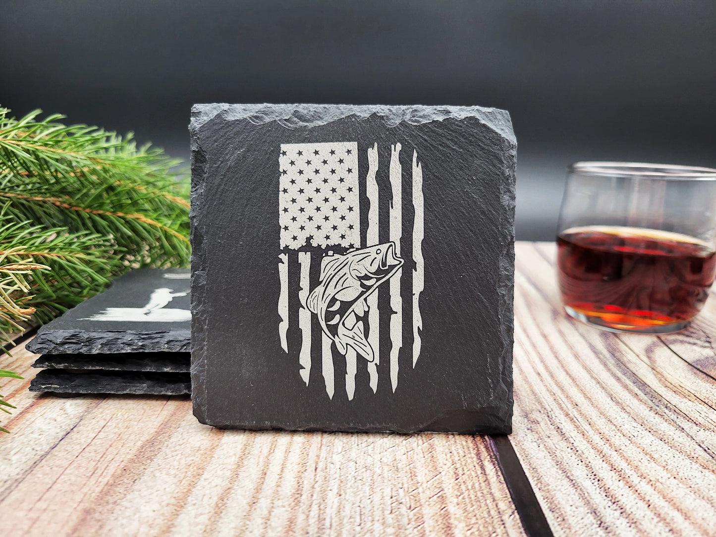 Hunting & Fishing Slate Coaster Set (4pc) – Engraved Outdoor Series (Round or Square)