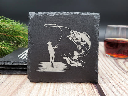 Hunting & Fishing Slate Coaster Set (4pc) – Engraved Outdoor Series (Round or Square)