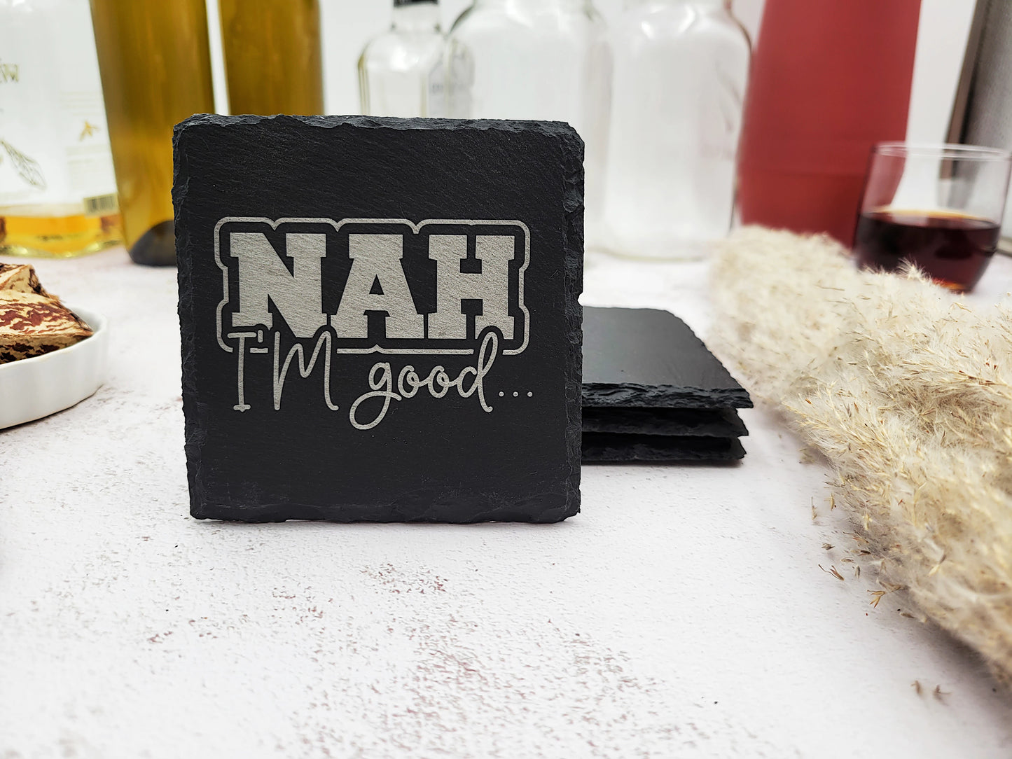 Funny Slate Coaster Set (4pc) – Engraved Barware with Attitude (Round or Square)