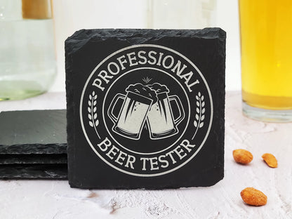 Beer Lover's Slate Coaster Set (4pc) – Engraved Barware (Round or Square)