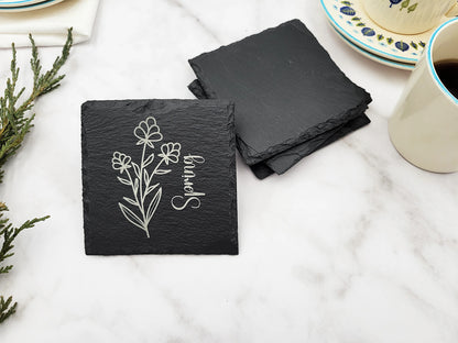 Four Seasons Flower Slate Coaster Set (4pc) – Engraved Barware (Round or Square)