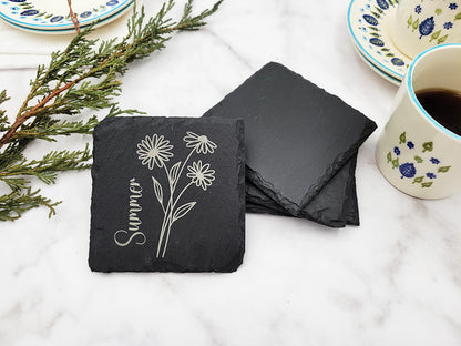 Four Seasons Flower Slate Coaster Set (4pc) – Engraved Barware (Round or Square)