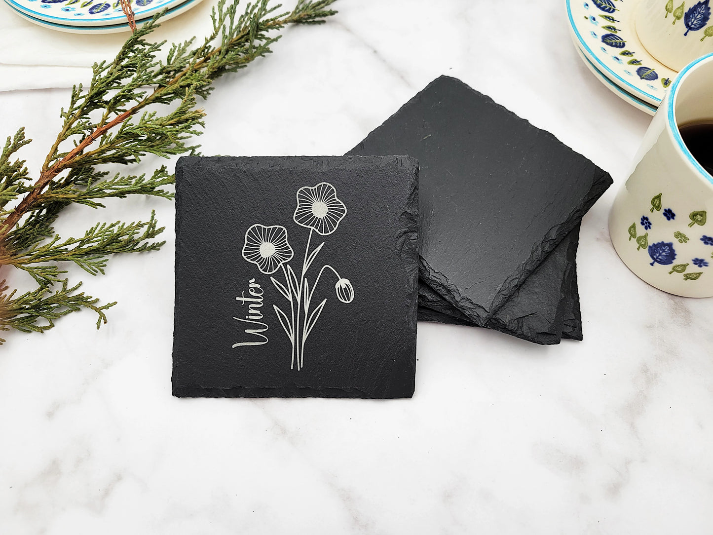 Four Seasons Flower Slate Coaster Set (4pc) – Engraved Barware (Round or Square)