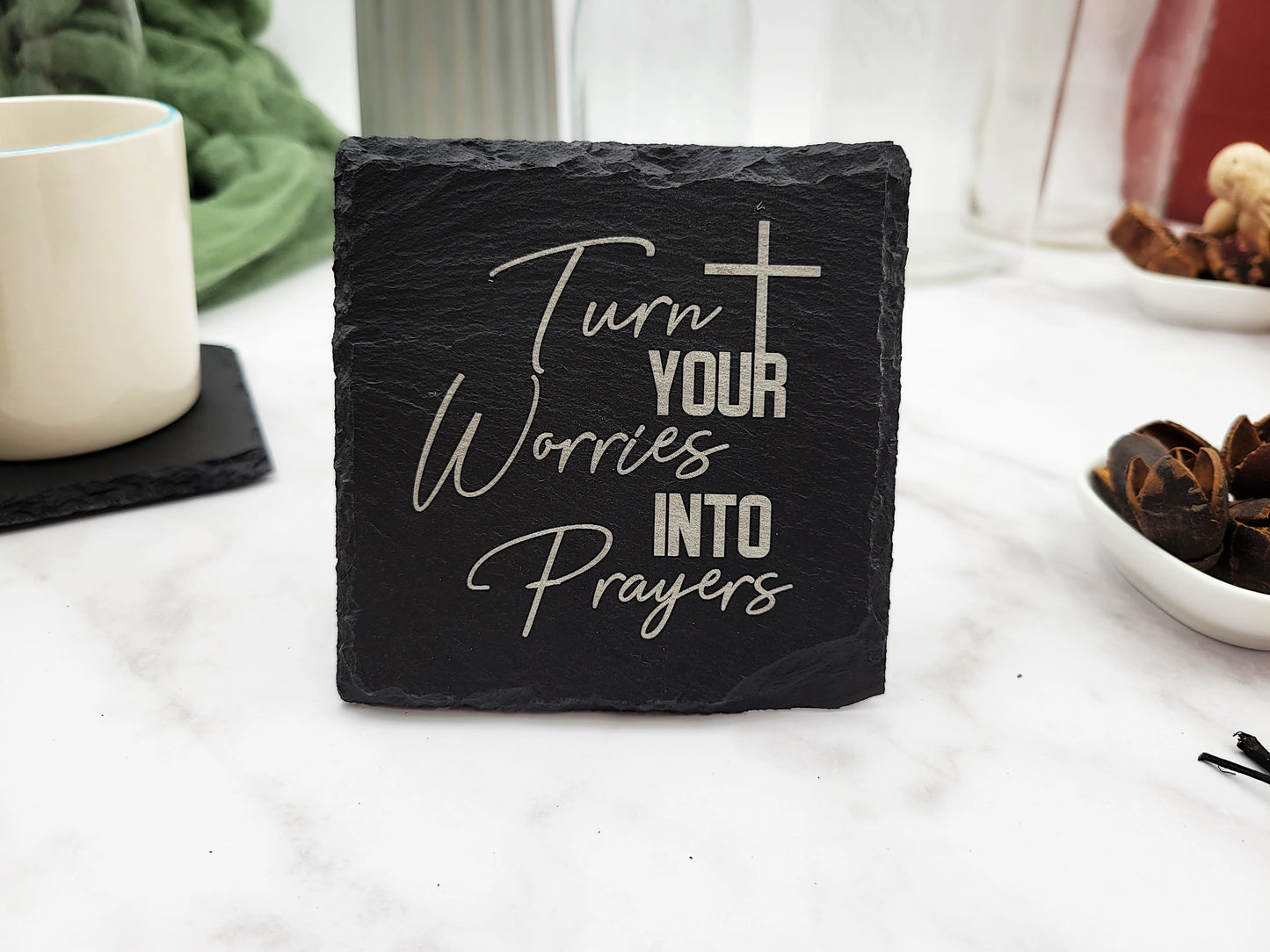 Faith-Inspired Slate Coaster Set (4pc) – Engraved Christian Decor (Round or Square)